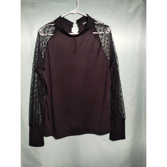 "Women's Black Top with Sheer Polka Dot Sleeves – Elegant Mock Neck Blouse" - Picture 2 of 4